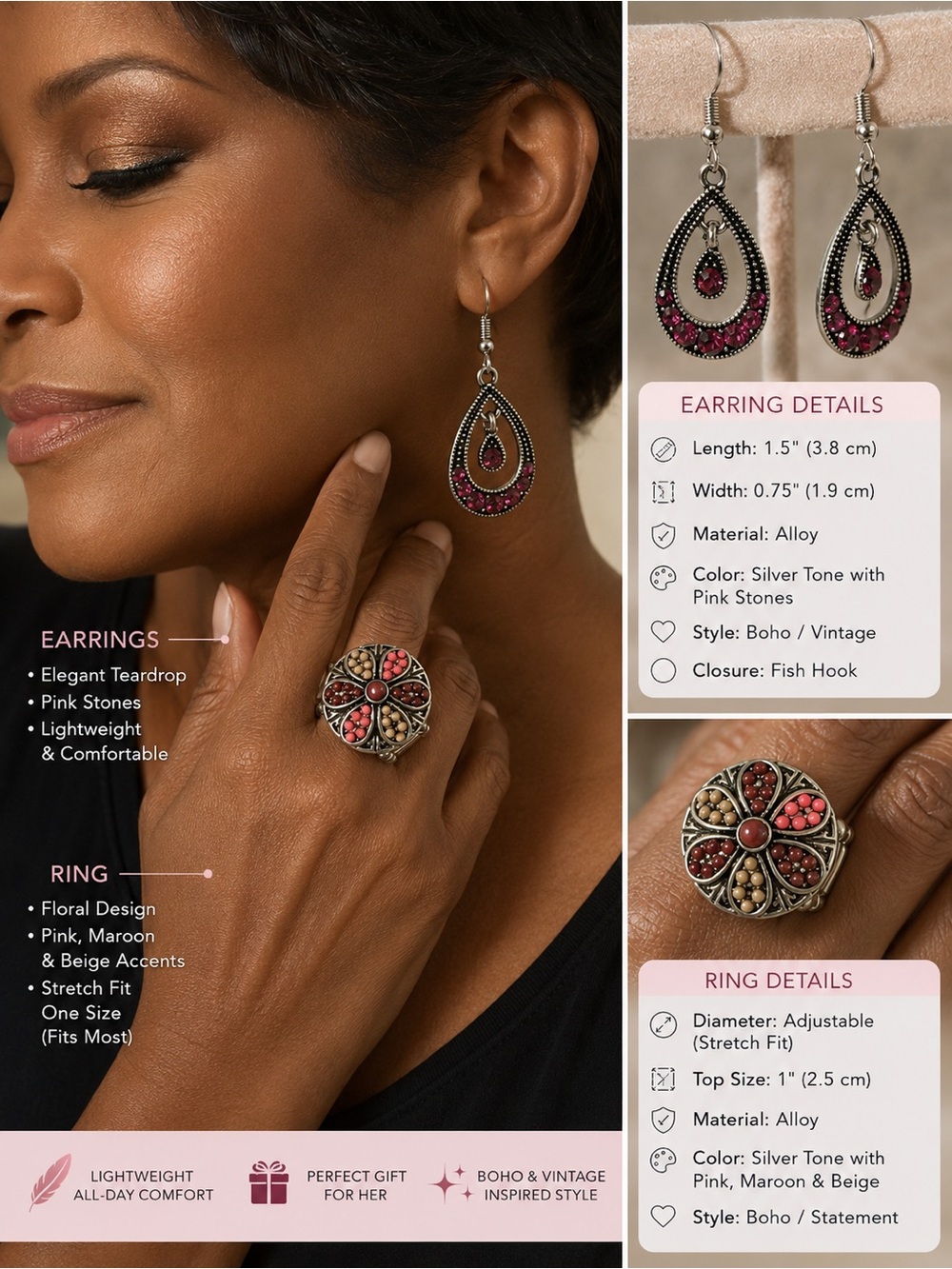 3 piece Boho Silver-Tone Teardrop Earrings with Pink Stones